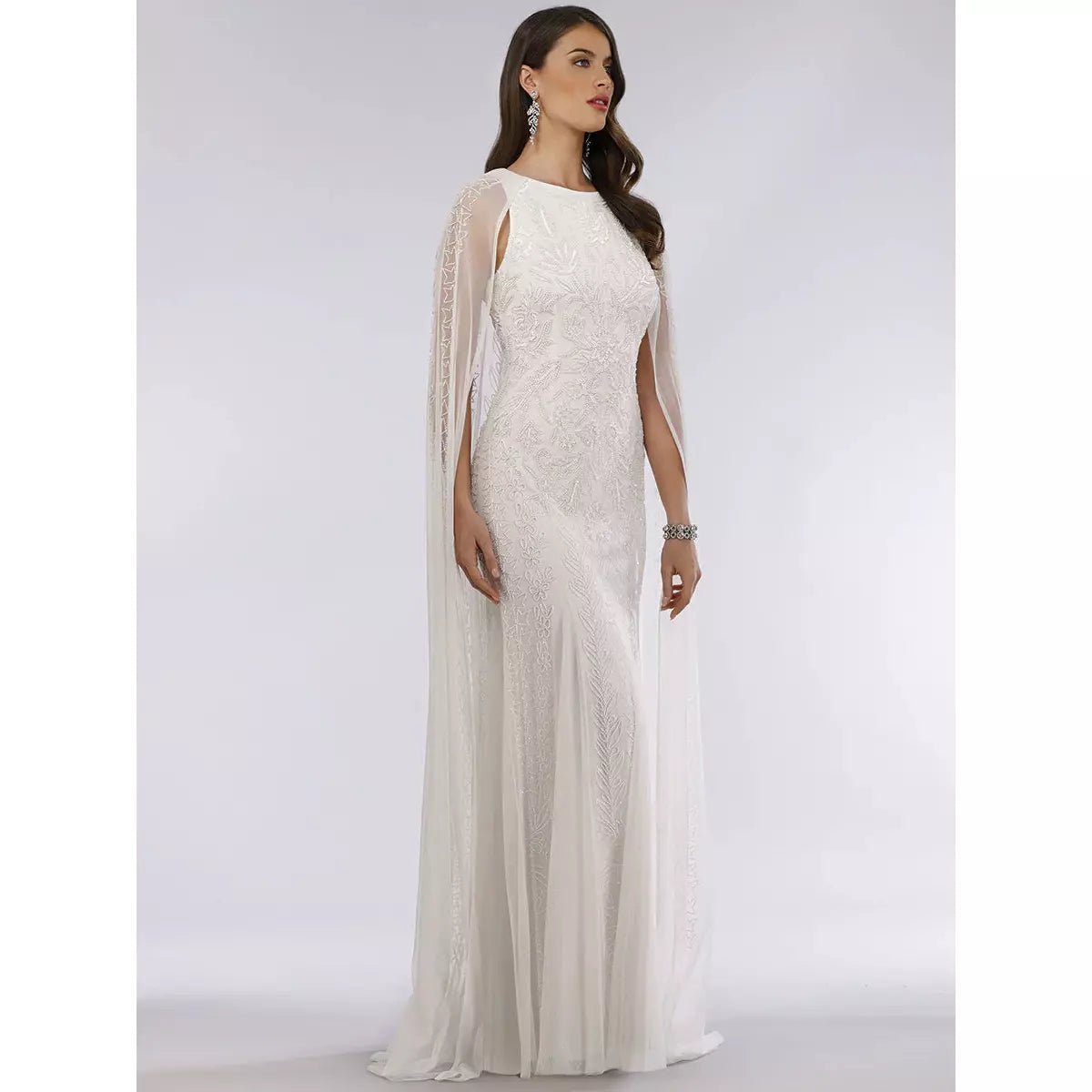 LARA 51045 EVE BEADED CAPE SLEEVE WEDDING DRESS - SARAH FASHION