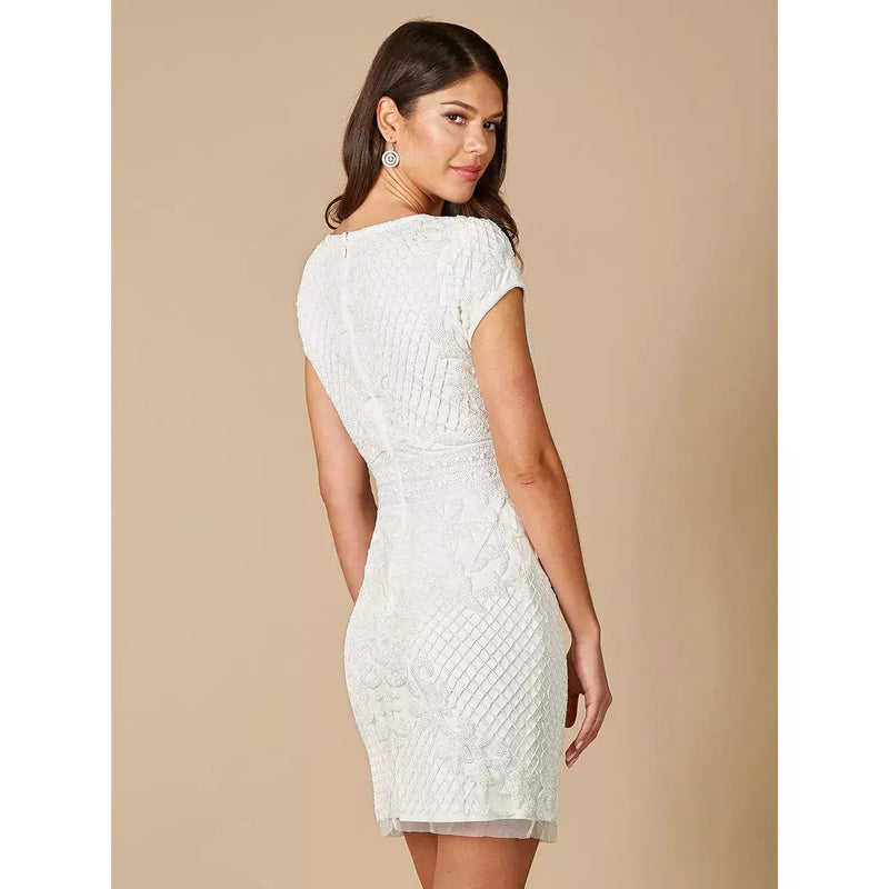 LARA 51051 CAM V-NECK BEADED MINI SHEATH DRESS - SARAH FASHION