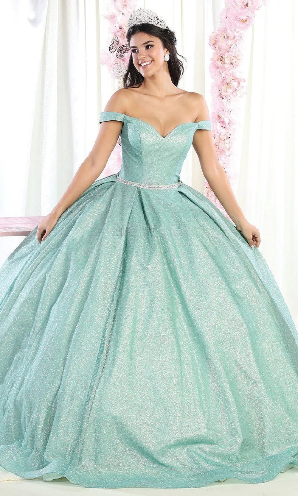 LK176 - Off Shoulder Glittered Ballgown - SARAH FASHION